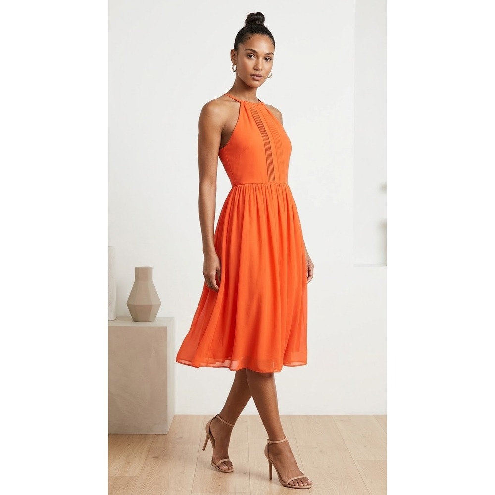 Nicole Miller Studio Orange Halter Pleated Midi Dress Size 10 S1120/698